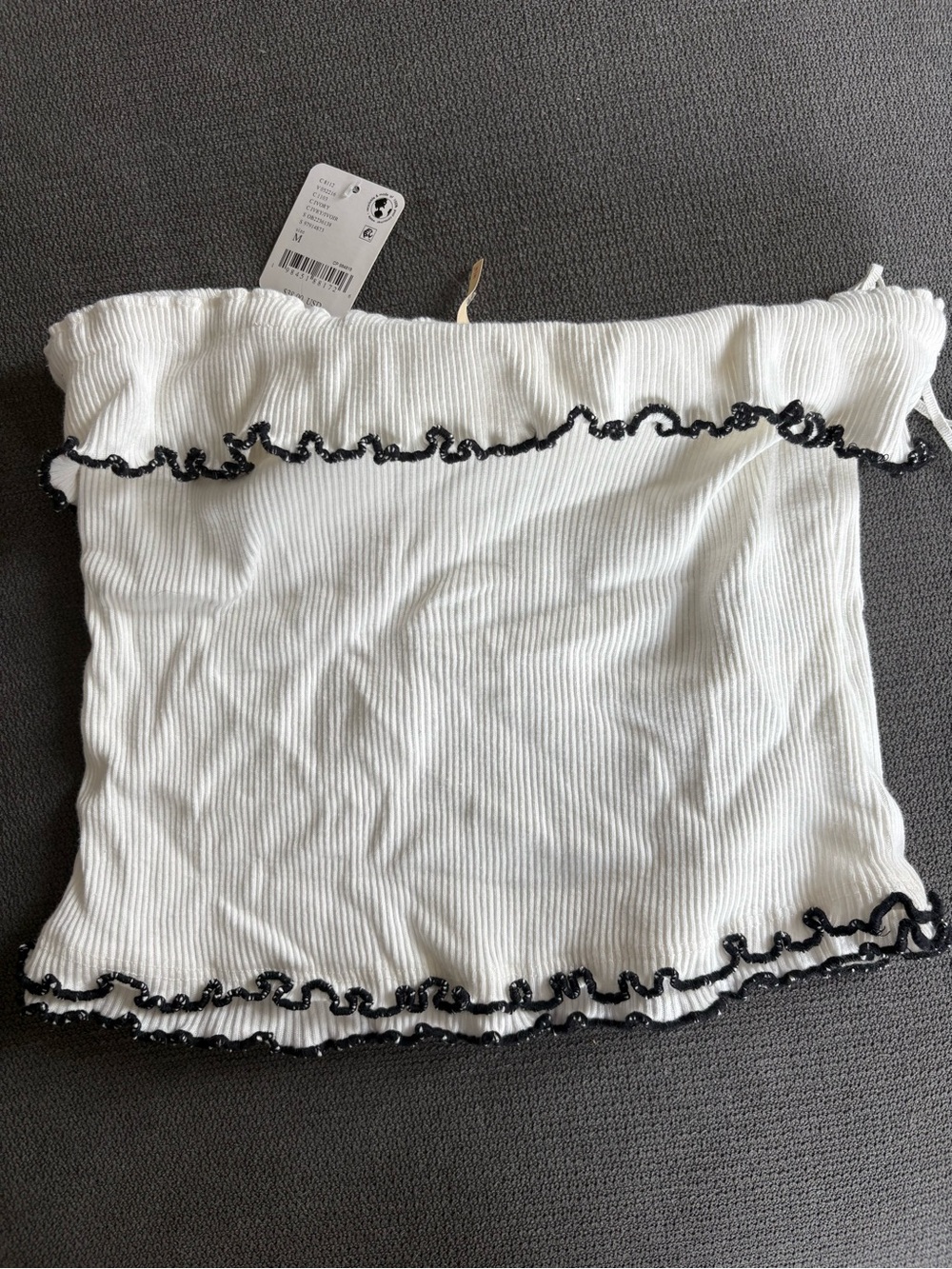 Free People White Ribbed Strapless Tube Top with Black Ruffle Trim